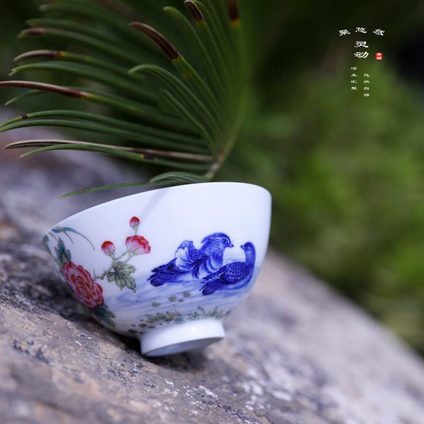 13893d7971fefaea74b1e0a7b72d40e6f57815f3478dd5f425d52054fec674ff Exquisite Doucai Mandarin Duck & Hibiscus Tea Cup • Jingdezhen Blue and White Porcelain • Luxury Gongfu Tea Ware