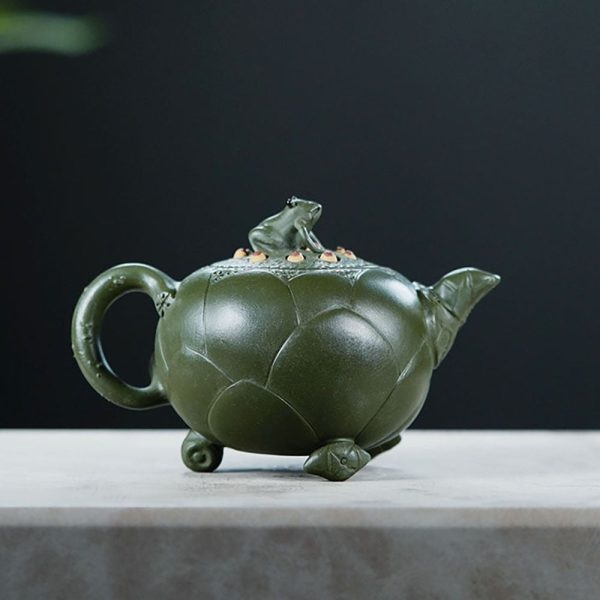 TTZZ020_3 Yixing Green Clay Lotus And Frog Teapot