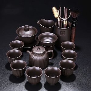 XZ22081_01 Yixing Purple Clay Xi Shi Stripes Tea Set