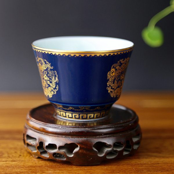 Premium Hand-Painted Tea Ware • High-Temperature Color Glaze • Ji Blue with Pure Gold Painted Dragon Cup • Jingdezhen Porcelain