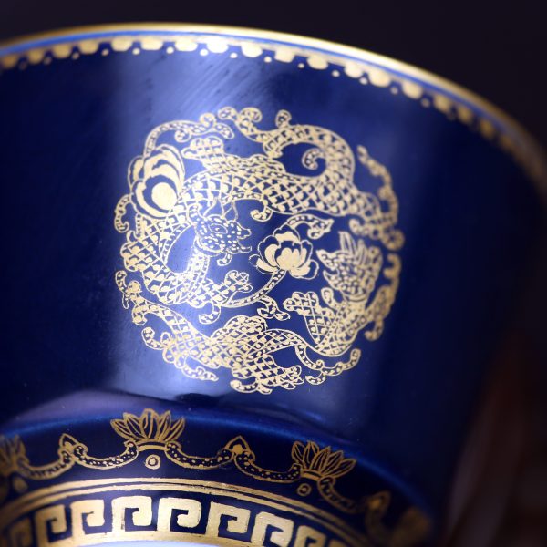 Premium Hand-Painted Tea Ware • High-Temperature Color Glaze • Ji Blue with Pure Gold Painted Dragon Cup • Jingdezhen Porcelain